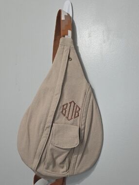 MarleylillyBeige Canvas Sling Bag with Embroidered Monogram BDB- BOB
